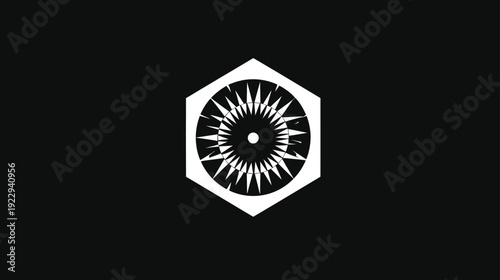 Futuristic abstract geometric eye icon within a white hexagon on a stark black background, symbolizing vision, tech, and digital design.