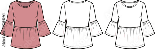 Women's Bell Sleeve Peplum Top Technical Flat Sketch, Vector Fashion Illustration Template Set