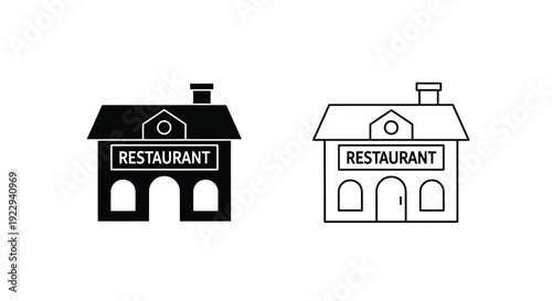 Black and white line art icons depicting two restaurant building facades