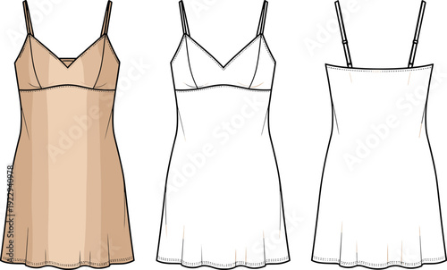Women's Cami Slip Dress Technical Sketch, Flat Fashion Vector Illustration of Lingerie Nightwear