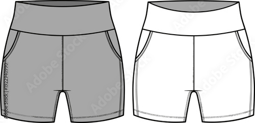 Women's High-Waisted Athletic Shorts Flat Technical Sketch, Yoga Sportswear Vector Illustration
