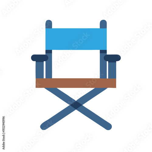 Simple flat director's chair illustration with blue and brown colors isolated on black