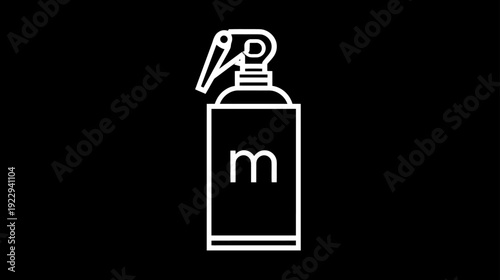 Minimalist Vector Outline Icon of Trigger Spray Bottle with Letter M on Black Background, Symbolizing Cleaning or Personal Care