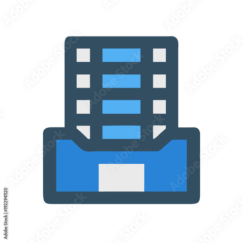 Stylized filing cabinet icon featuring blue tones and simple flat design
