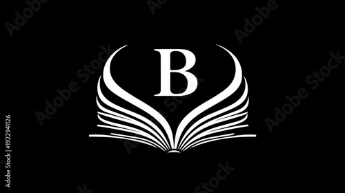 Elegant white letter B monogram with open book icon illustration on black background, symbolizing knowledge, education, and literature.
