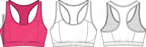 Women's Racerback Sports Bra Technical Flat Sketch Illustration, Front and Back View Fashion CAD
