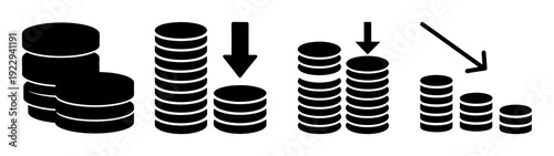 Coins Stacks Decreasing in Size with Arrows Down Flat Design Vector Illustration