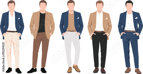 Men smart casual fashion collection with blazer, jacket and modern outfit combinations flat vector illustration isolated on background