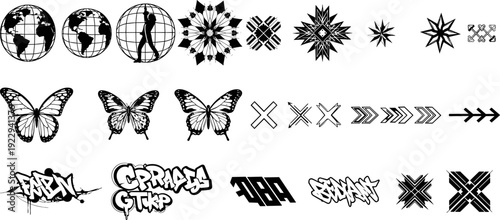 Y2K Streetwear Graphic Element Set with Butterfly, Globe, and Graffiti Font Flat Illustrations