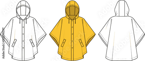 Yellow Hooded Rain Poncho Technical Sketch, Flat Fashion Vector Illustration of Waterproof Rainwear