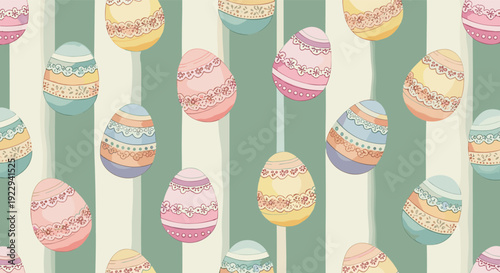 Seamless pattern of watercolor easter eggs on striped background