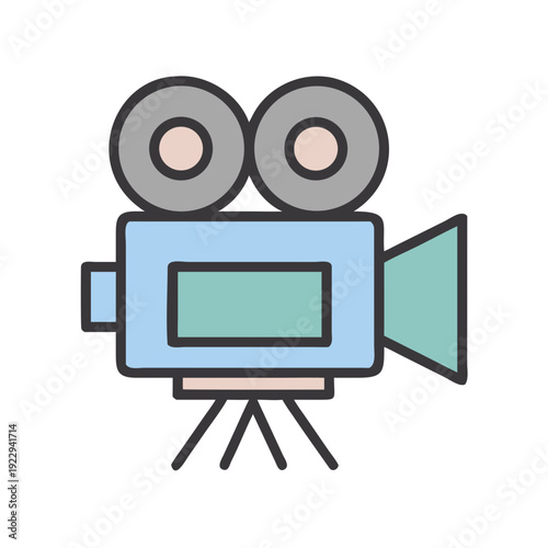Vintage Movie Camera Icon in Cartoon Style on a Black Background