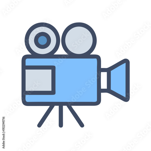 Simple flat style icon of a classic movie camera on black background