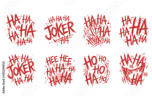 Joker Laugh HA HA Text Maniacal Laughter Typography Set 8 Chaotic Ink Sketch Lettering-Joker Text Design Vector Set