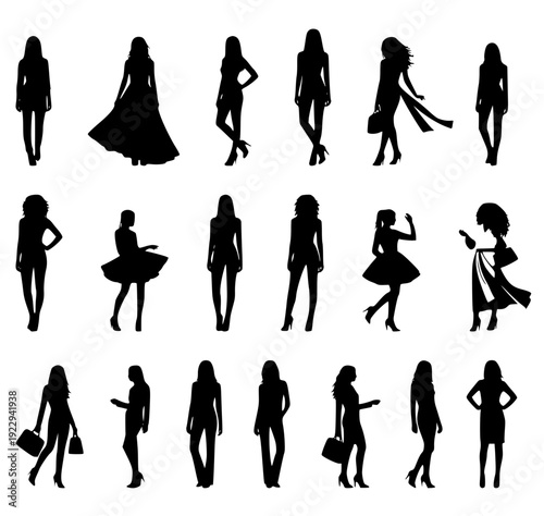 Set of fashionable women silhouettes in different stylish poses and outfits Collection of elegant female fashion silhouettes isolated on white background