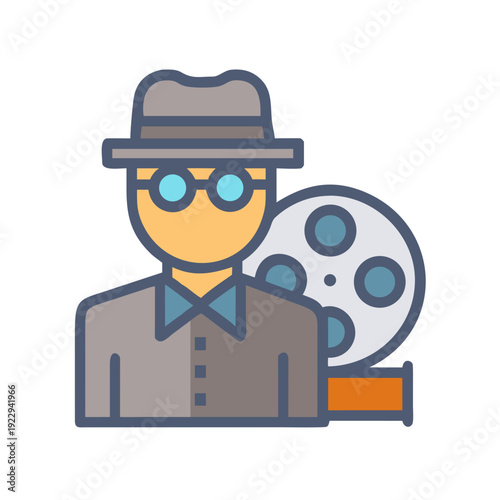 Cartoon style movie director with film reel for entertainment industry themes