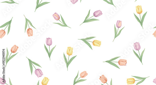 Seamless spring tulip pattern on white background with pastel colors