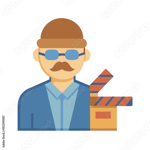 Flat vector illustration of a film director with a clapperboard on black background