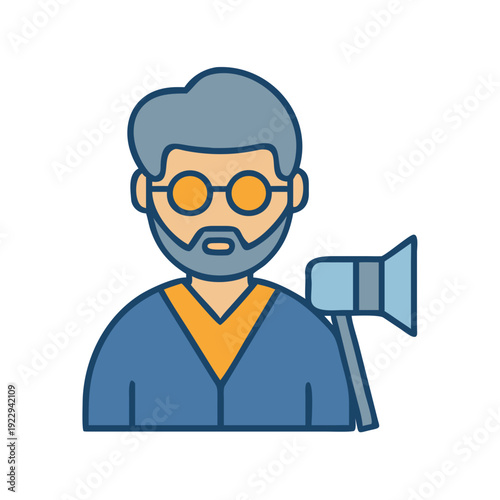 Illustration of a man with gray hair holding a movie clapperboard