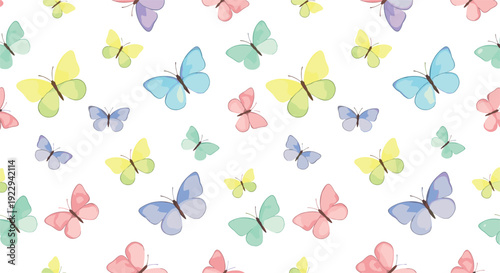 Vibrant watercolor butterfly pattern with pastel colors on white background