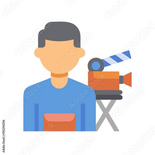 Flat vector illustration of a faceless cameraman with camera and clapperboard