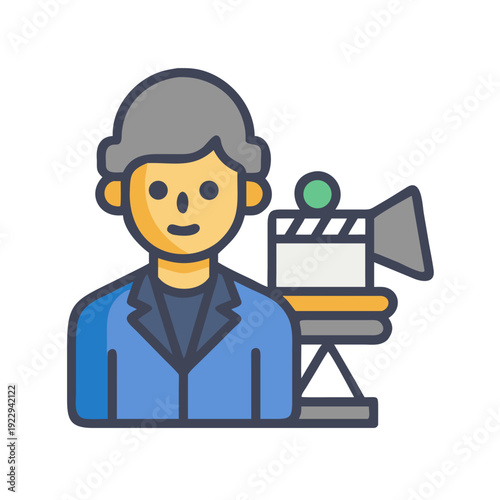 Cartoon filmmaker illustration with classic movie camera and clapboard against dark background