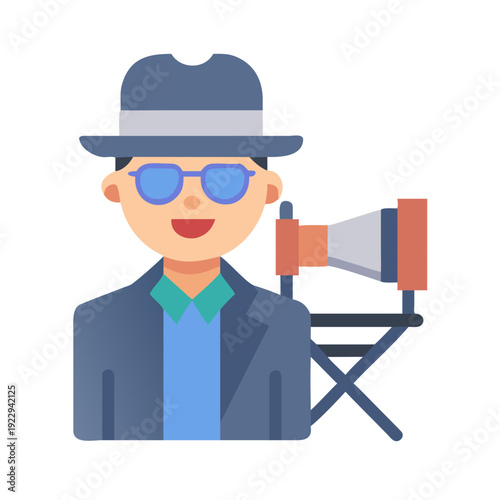 Cartoon film director character illustration with director's chair and black background