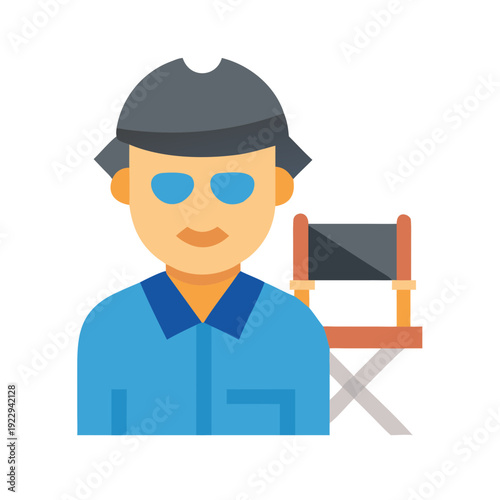 Stylized film director with director chair flat vector illustration on black background