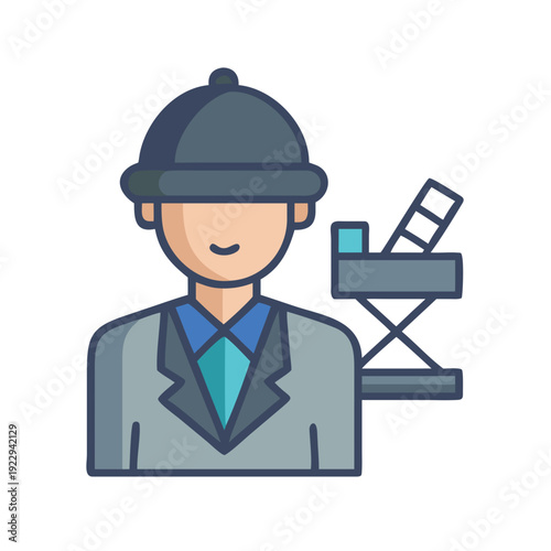 Stylized icon of male figure in suit next to a camera crane