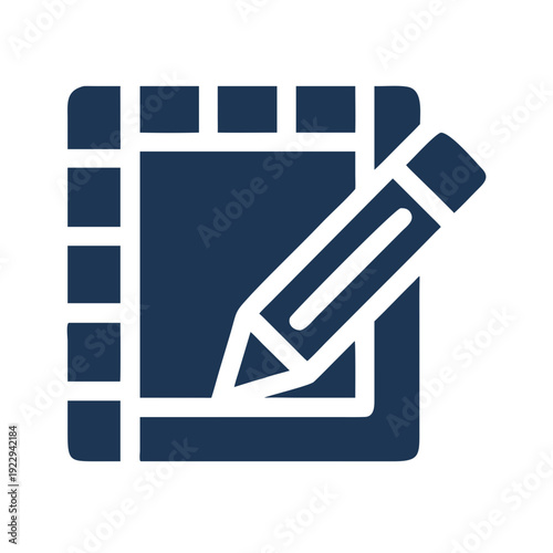 Dark blue notepad icon with pencil isolated on black background