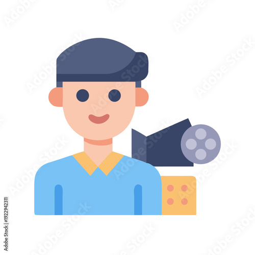 Flat icon illustration of film director with camera and film roll