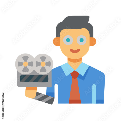 Retro movie director holding camera illustration with solid color design on black background