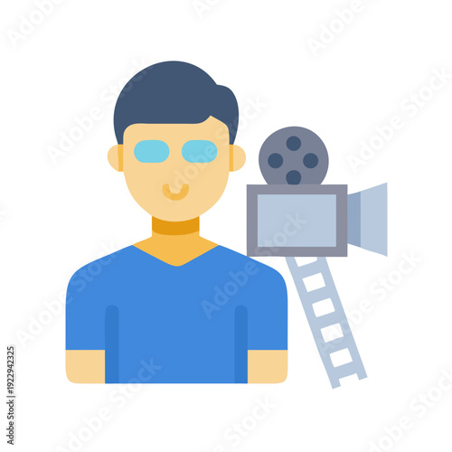 Cartoon filmmaker with classic camera on black background for cinema production