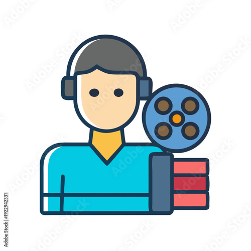 Film industry worker illustration with reel of film, flat style on black background