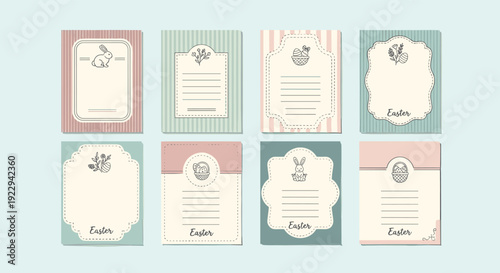 Easter-themed greeting cards with pastel designs and cute borders