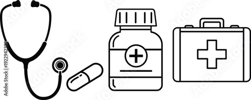 Medical icons including stethoscope pill medicine bottle and first aid kit
