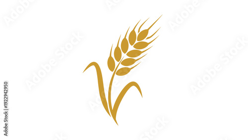 Golden Stylized Wheat Ear and Stalk Icon on White