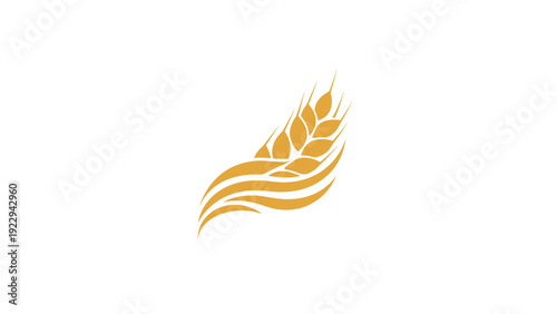 Golden Stylized Wheat Ear with Flowing Waves Logo on White Background