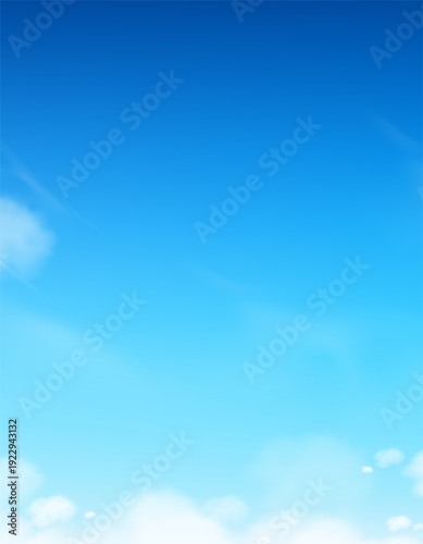 Sky Blue Background,Vector clear sky,cloud by summer beach.Spring landscape bright sunlight.Cartoon Nature horizon illustration with white light,fluffy cloudy in evening,Abstract blue gradient light
