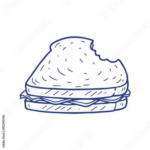 Blue line art vector of half-eaten sandwich illustrating food waste awareness or quick lunch break for editorial and lifestyle.