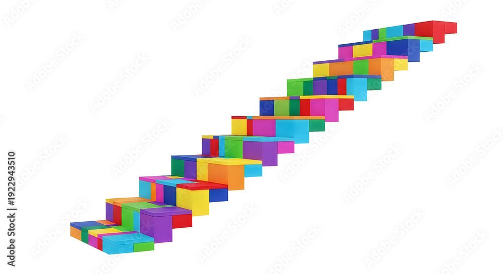 Fototapeta premium Colorful 3D ascending steps or blocks forming upward staircase isolated on transparent background