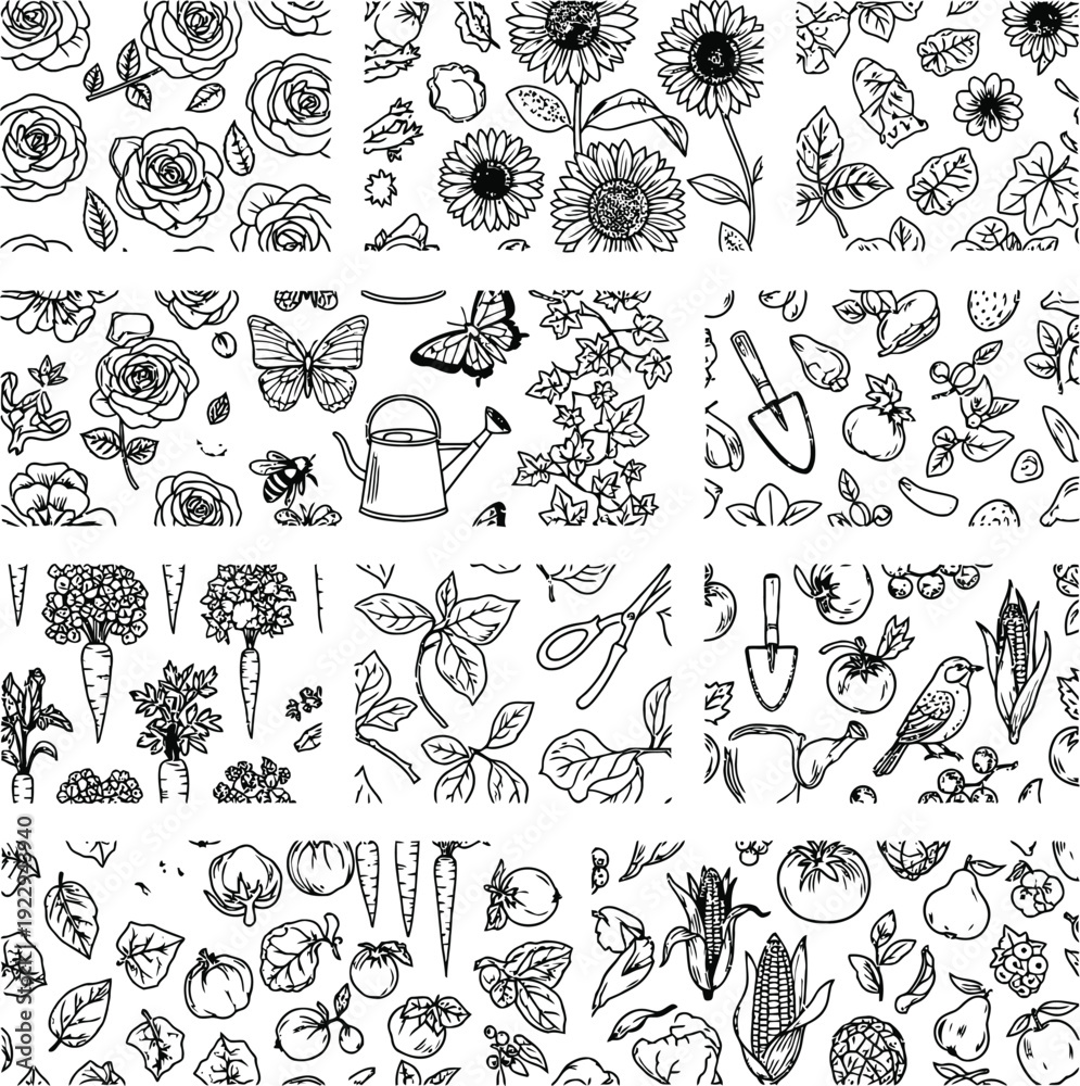 Fototapeta premium A collection of various black and white illustrations of plants and flowers