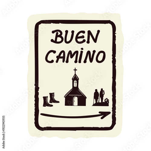 Hand drawn small pilgrim church on st james way de compostela with Buen Camino greeting. Isolated black and white vector graphic for pilgrimage passport stamp on europeansacred travel trail.