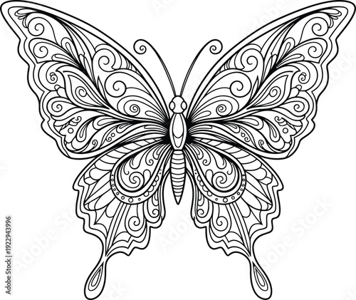 Intricately designed butterfly with floral patterns and swirling motifs