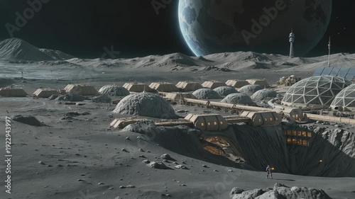 Manned moon mission. Futuristic lunar base and Earth globe, domes, habitats, and solar arrays on a dusty plain. 