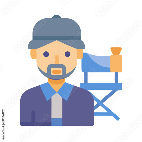 A Film Director with Director's Chair, flat style, isolated on black background