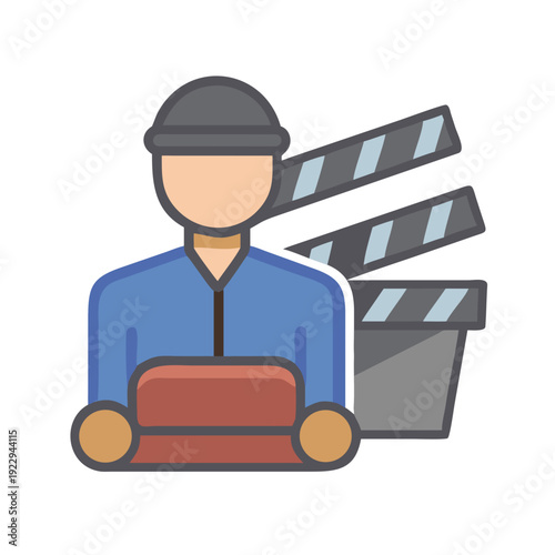 Cartoon filmmaker holding clapboard, symbol of filmmaking process and cinema industry