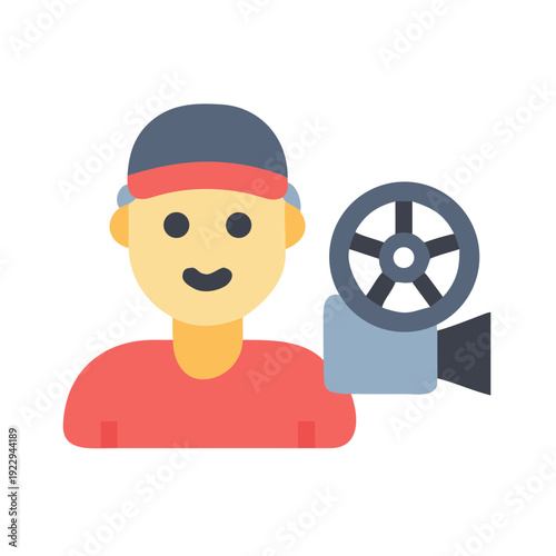 Flat illustration of a filmmaker holding a vintage camera against a black background