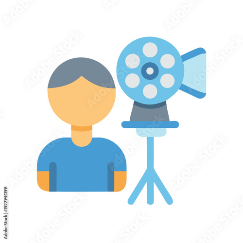 Flat vector design of a filmmaker with an old fashioned film camera.