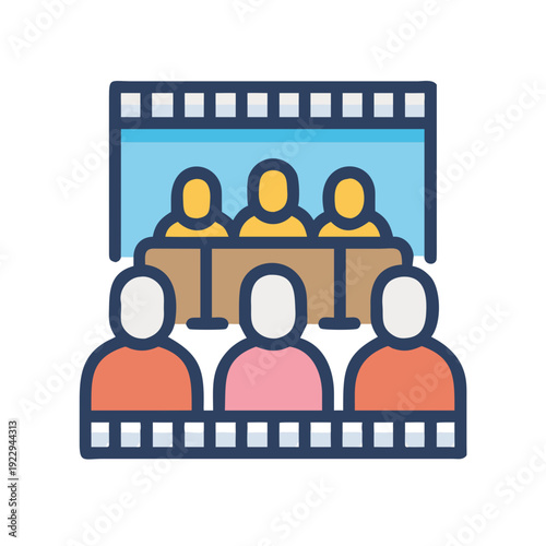 Flat icon style illustration of a court audience and judges panel